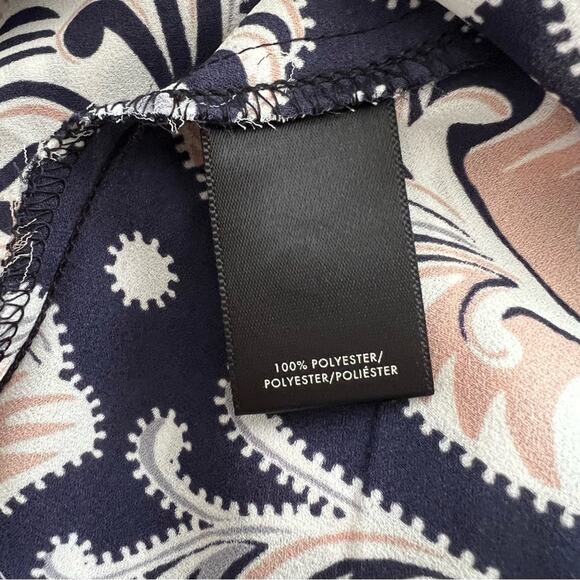 Ann Taylor mock ruffle neck half button up sleeveless leaf print blouse blue - Picture 5 of 5